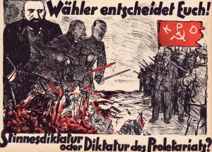 KPD, Reichstagswahlen 1920, karikiert sind Hugo Stinnes (ganz links), Hans von Seeckt (2. v. l.), sowie Gustav Noske (?, 3. v. l.)